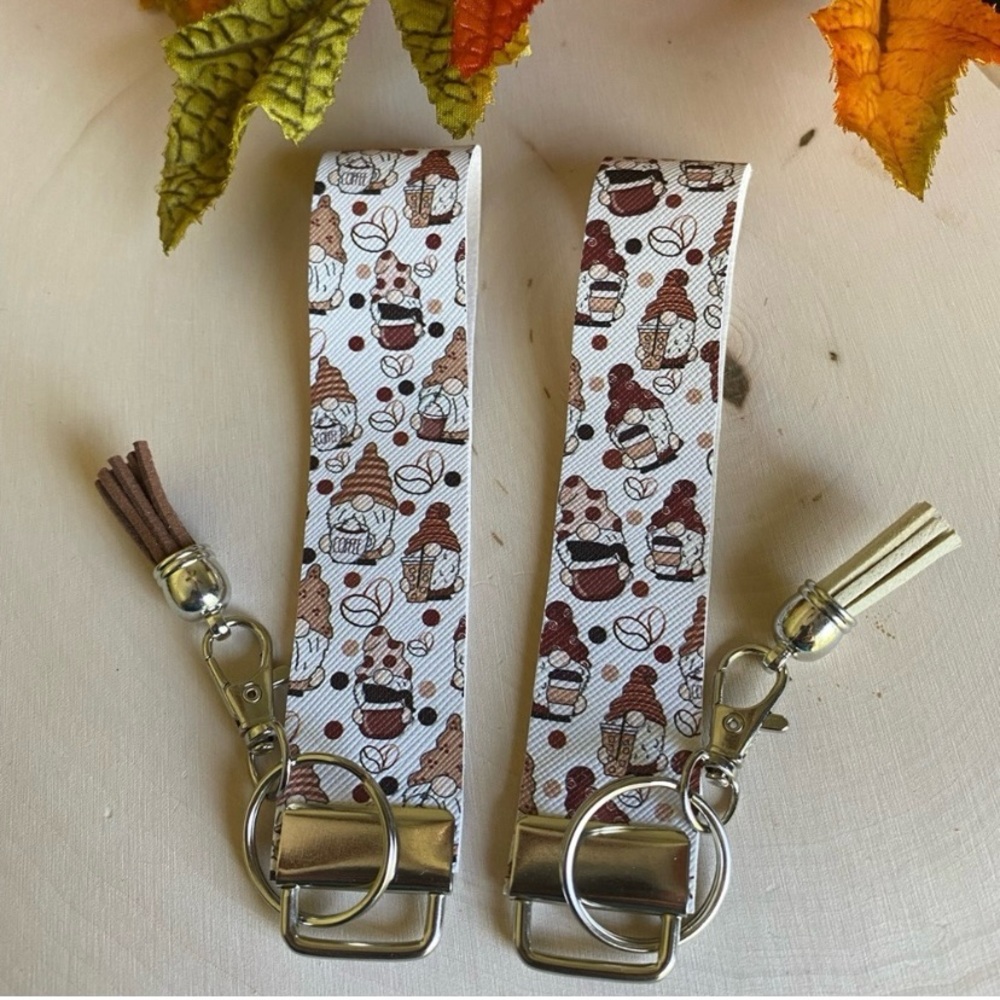 Coffee Gnomes Theme Faux Leather Keychain (price is for 1)